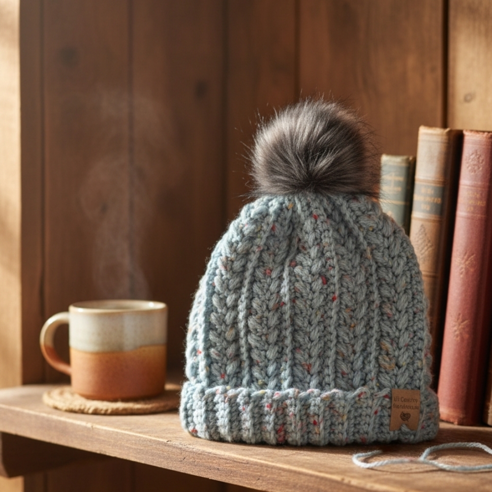 Cozy Child's Wheat Stitch Beanie with Pom Pom